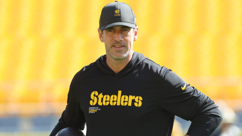 Aaron Rodgers in a Steelers hoodie
