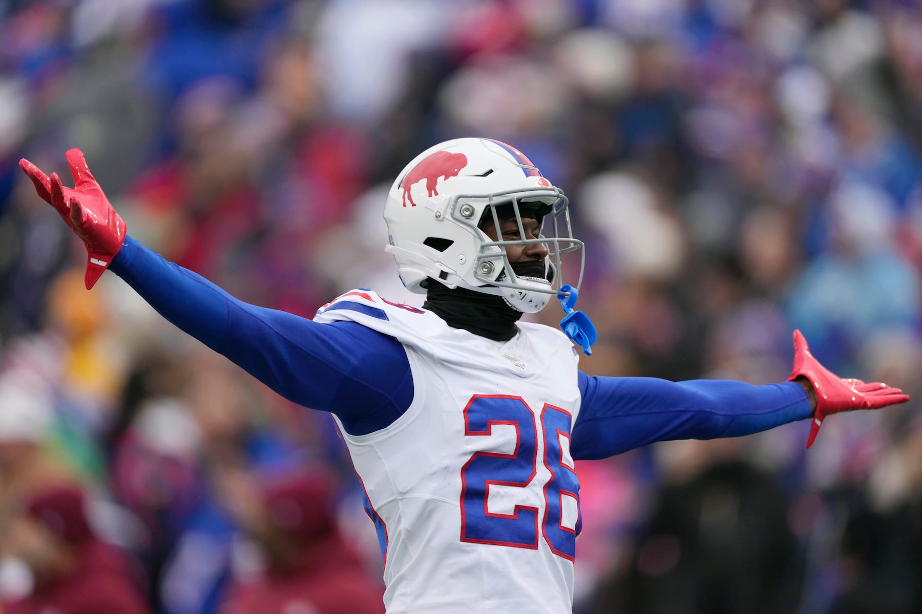 Buffalo Bills safety Sam Franklin Jr. (28) reacts before the first half of an NFL football game against the Tampa Bay Buccaneers, Sunday, Nov. 16, 2025, in Orchard Park, N.Y. (AP Photo/Carolyn Kaster)
