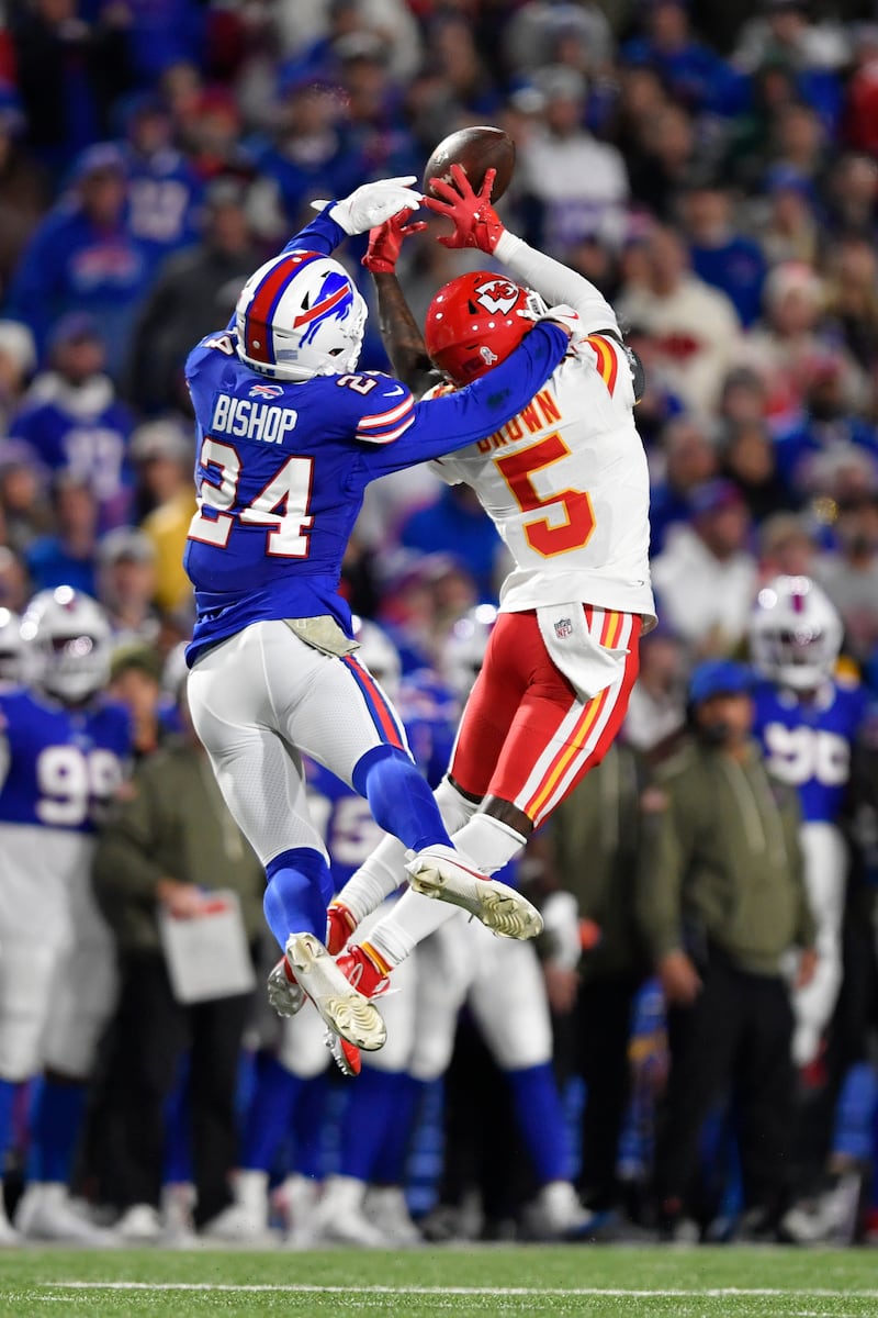 Buffalo Bills safety Cole Bishop (24) breaks up a pass intended for Kansas City Chiefs wide receiver Hollywood Brown (5) during the second half of an NFL football game Sunday, Nov. 2, 2025, in Orchard Park. N.Y. (AP Photo/Adrian Kraus)
