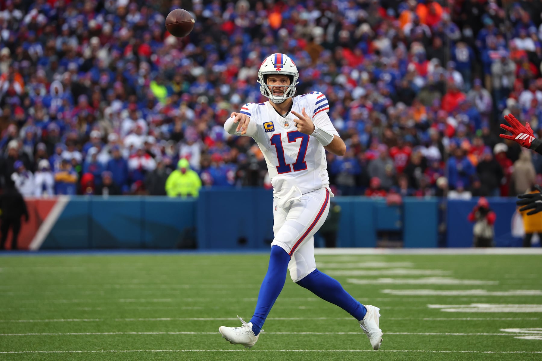 Buffalo Bills quarterback Josh Allen (17) throws a pass against the Tampa Bay Buccaneers during the second half of an NFL football game, Sunday, Nov. 16, 2025, in Orchard Park, N.Y. (AP Photo/Jeffrey T. Barnes)