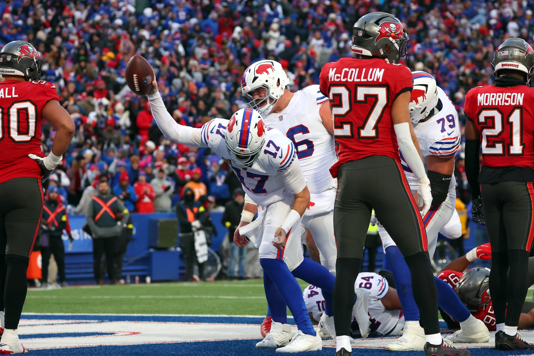 Buffalo Bills quarterback Josh Allen celebrates after scoring a touchdown against the Tampa Bay Buccaneers during the second half of an NFL football game, Sunday, Nov. 16, 2025, in Orchard Park, N.Y. (AP Photo/Jeffrey T. Barnes)