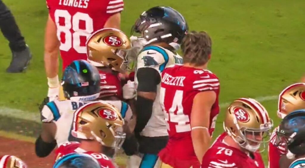 Jauan Jennings confronting Tre'von Moehrig.