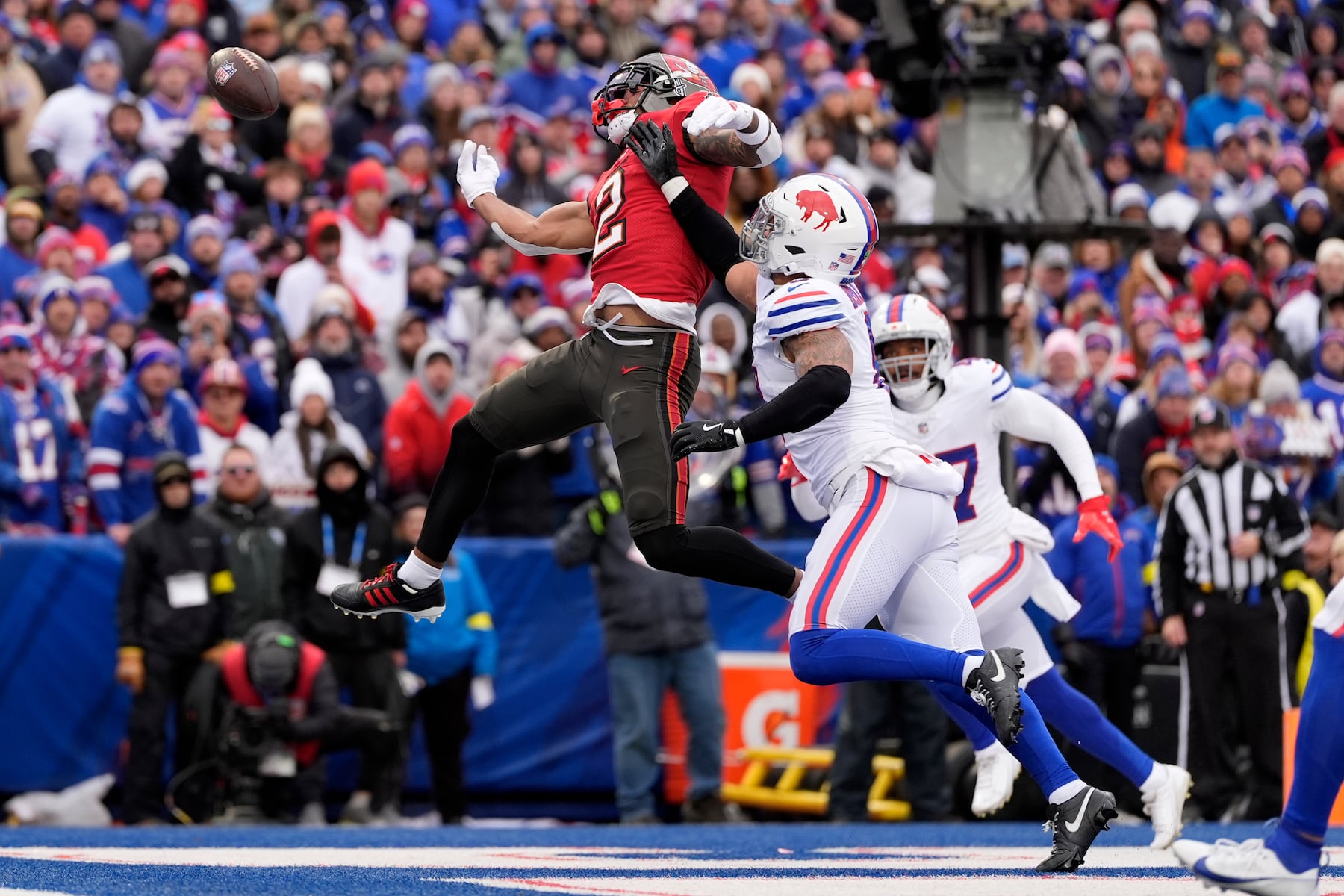 Tampa Bay Buccaneers wide receiver Emeka Egbuka (2) cannot make a catch against Buffalo Bills linebacker Terrel Bernard (8) during the first half of an NFL football game, Sunday, Nov. 16, 2025, in Orchard Park, N.Y. (AP Photo/Carolyn Kaster)