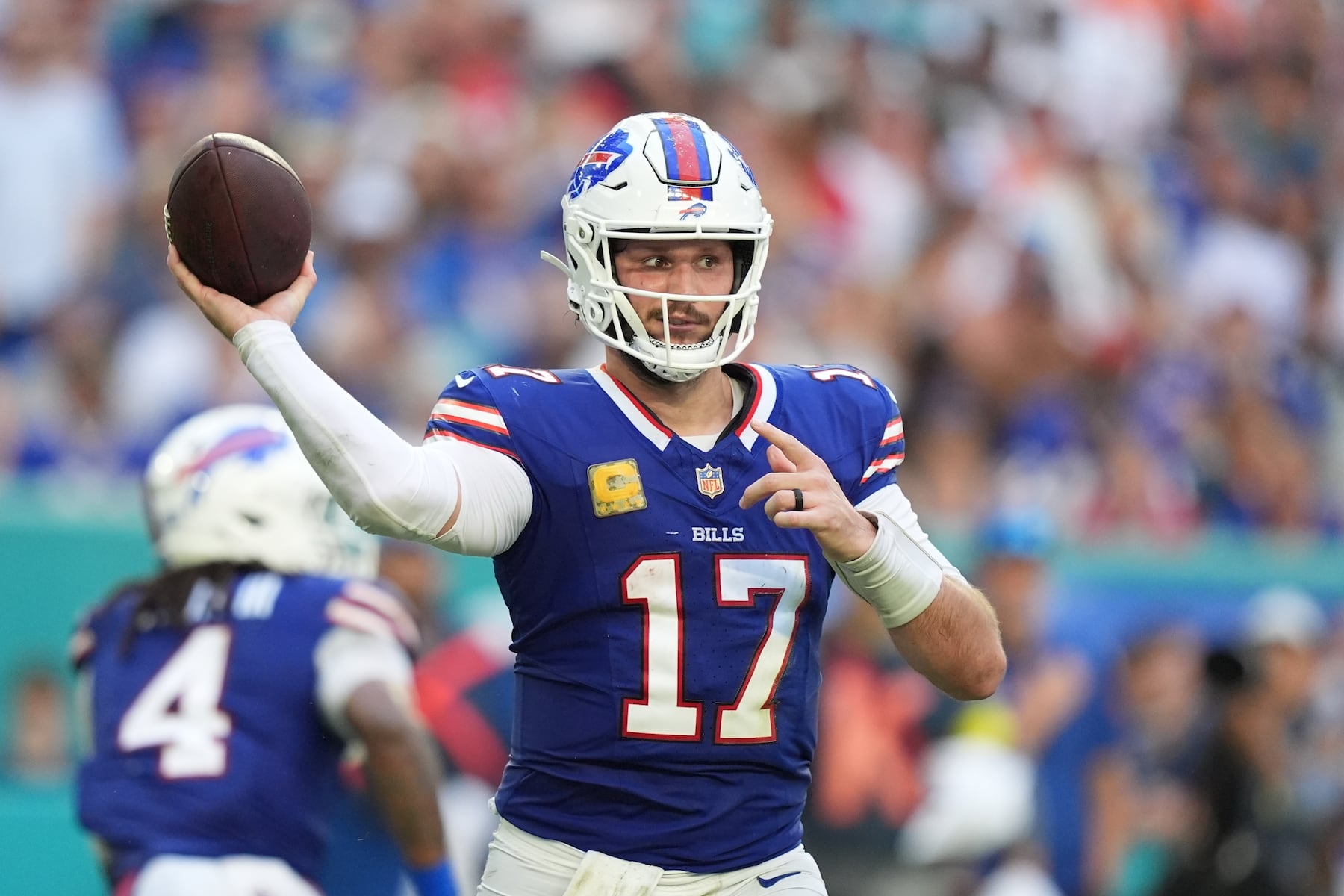 Buffalo Bills quarterback Josh Allen throws during the second half of an NFL football game against the Miami Dolphins, Sunday, Nov. 9, 2025, in Miami Gardens, Fla. (AP Photo/Rebecca Blackwell)