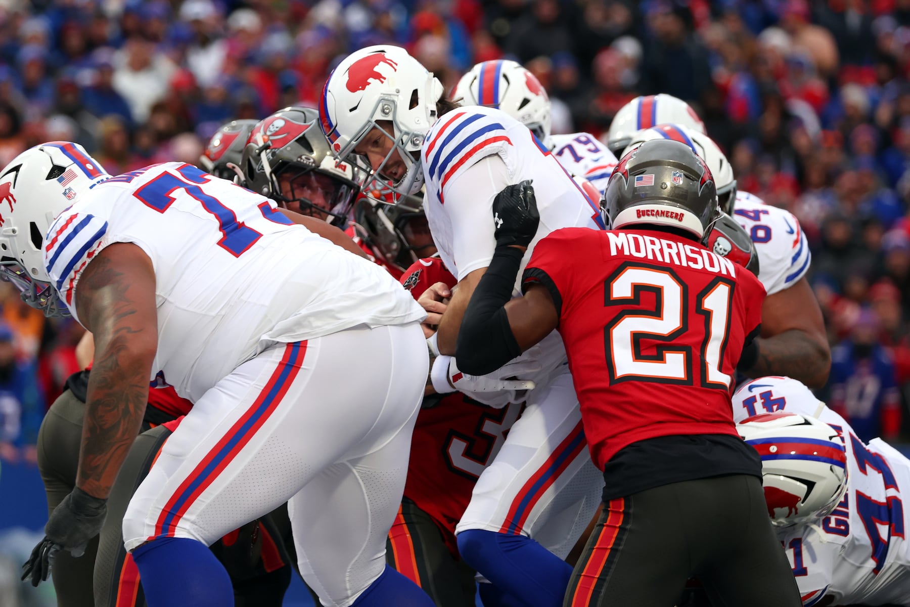 Buffalo Bills quarterback Josh Allen (17) runs for a touchdown against the Tampa Bay Buccaneers during the first half of an NFL football game, Sunday, Nov. 16, 2025, in Orchard Park, N.Y. (AP Photo/Jeffrey T. Barnes)