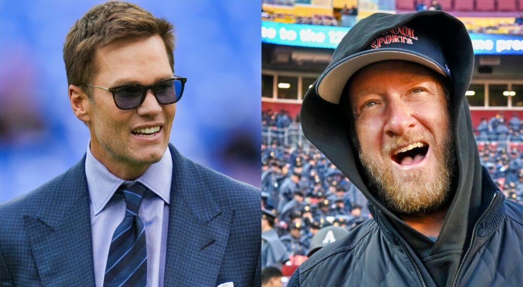 Dave Portnoy on field and Tom Brady in suit