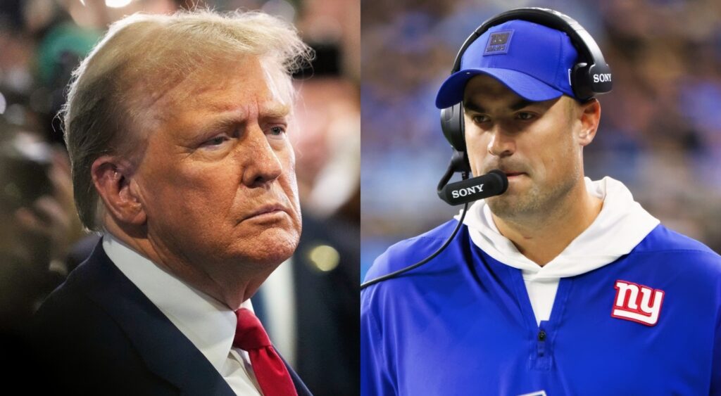 Donald Trump looking on and Mike Kafka on the sidelines