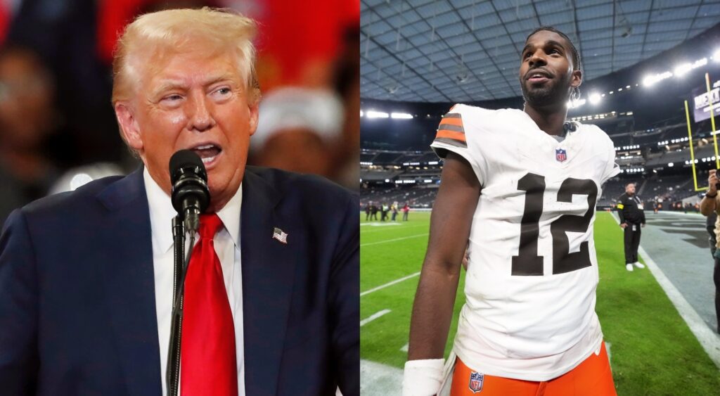 Donald Trump speaking to supporters and Shedeur Sanders in uniform