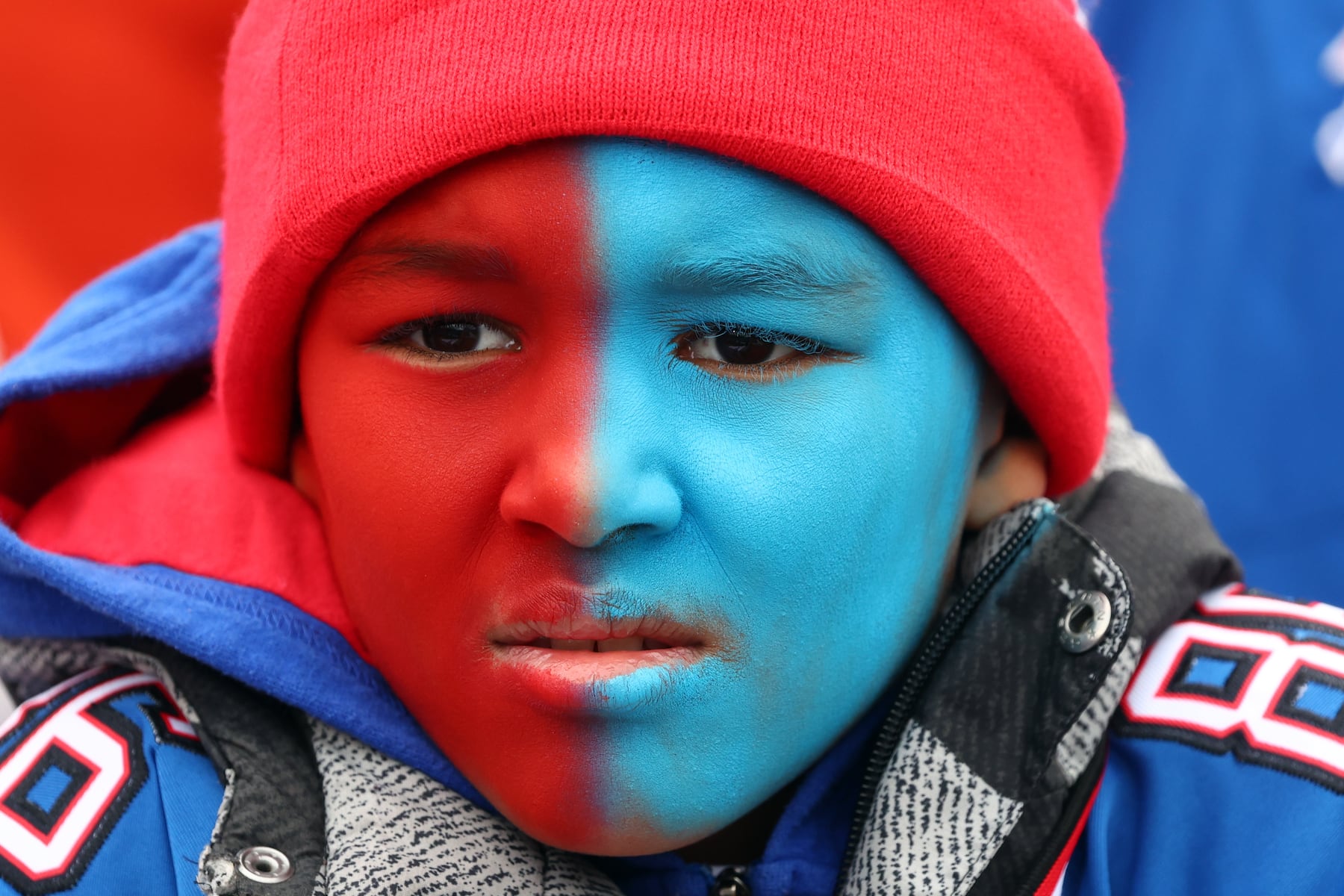 A young fan looks on before an NFL football game between the Buffalo Bills and the Tampa Bay Buccaneers, Sunday, Nov. 16, 2025, in Orchard Park, N.Y. (AP Photo/Jeffrey T. Barnes)