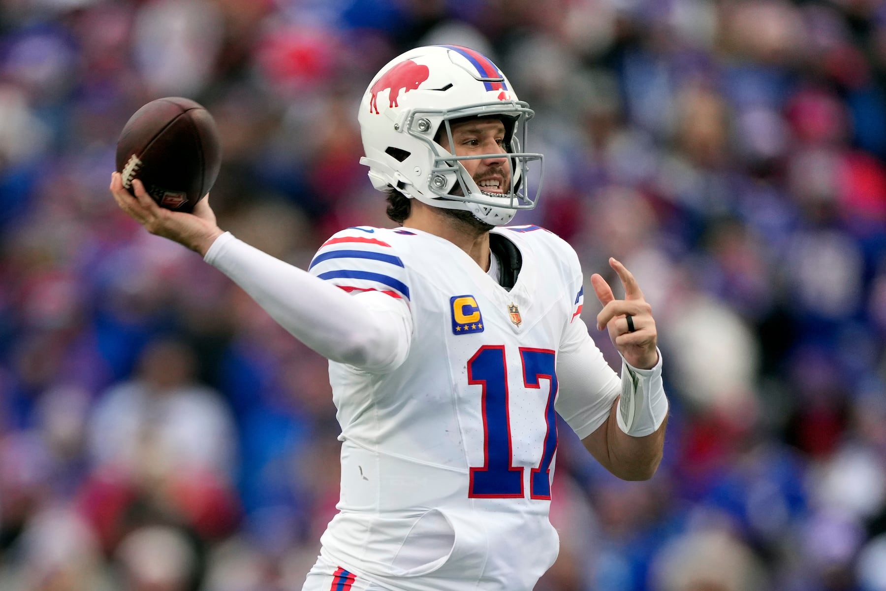 Buffalo Bills quarterback Josh Allen (17) passes against the Tampa Bay Buccaneers during the first half of an NFL football game, Sunday, Nov. 16, 2025, in Orchard Park, N.Y. (AP Photo/Carolyn Kaster)