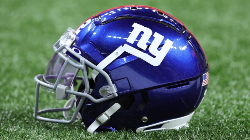 A Giants helmet on the field