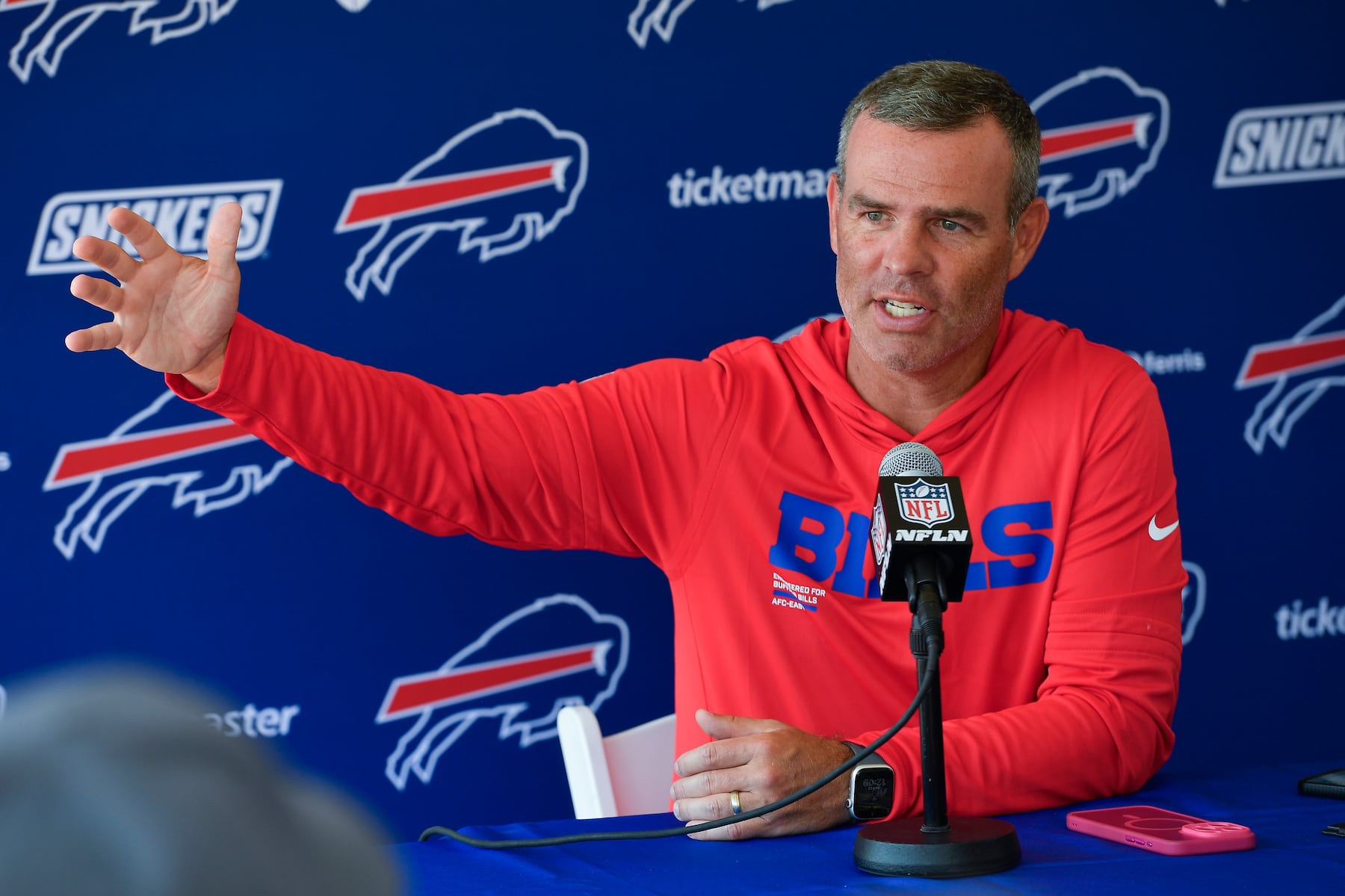 Buffalo Bills general manager Brandon Beane talks to the media after practice at the team's NFL football training camp, Wednesday, July 23, 2025, in Pittsford, N.Y. (AP Photo/Adrian Kraus)