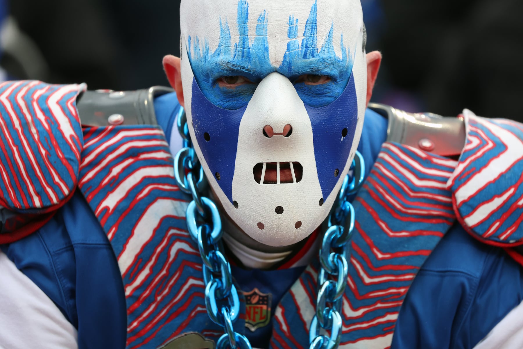 A fan looks on during the first half of an NFL football game between the Buffalo Bills and the Tampa Bay Buccaneers, Sunday, Nov. 16, 2025, in Orchard Park, N.Y. (AP Photo/Jeffrey T. Barnes)