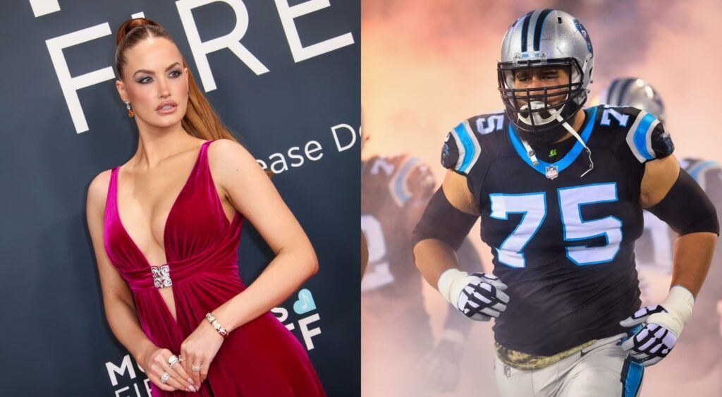 Haley Kalil posing in red dress and Matt Kalil in Panthers uniform
