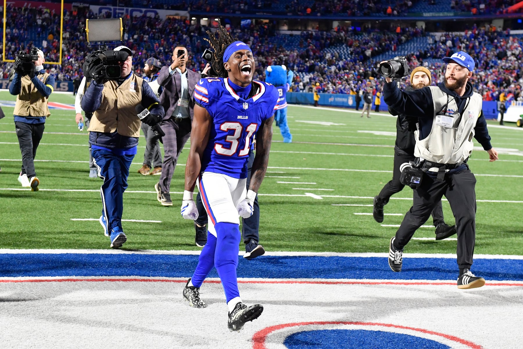 Buffalo Bills cornerback Maxwell Hairston (31) celebrates following an NFL football game against the Kansas City Chiefs Sunday, Nov. 2, 2025, in Orchard Park. N.Y. (AP Photo/Adrian Kraus)
