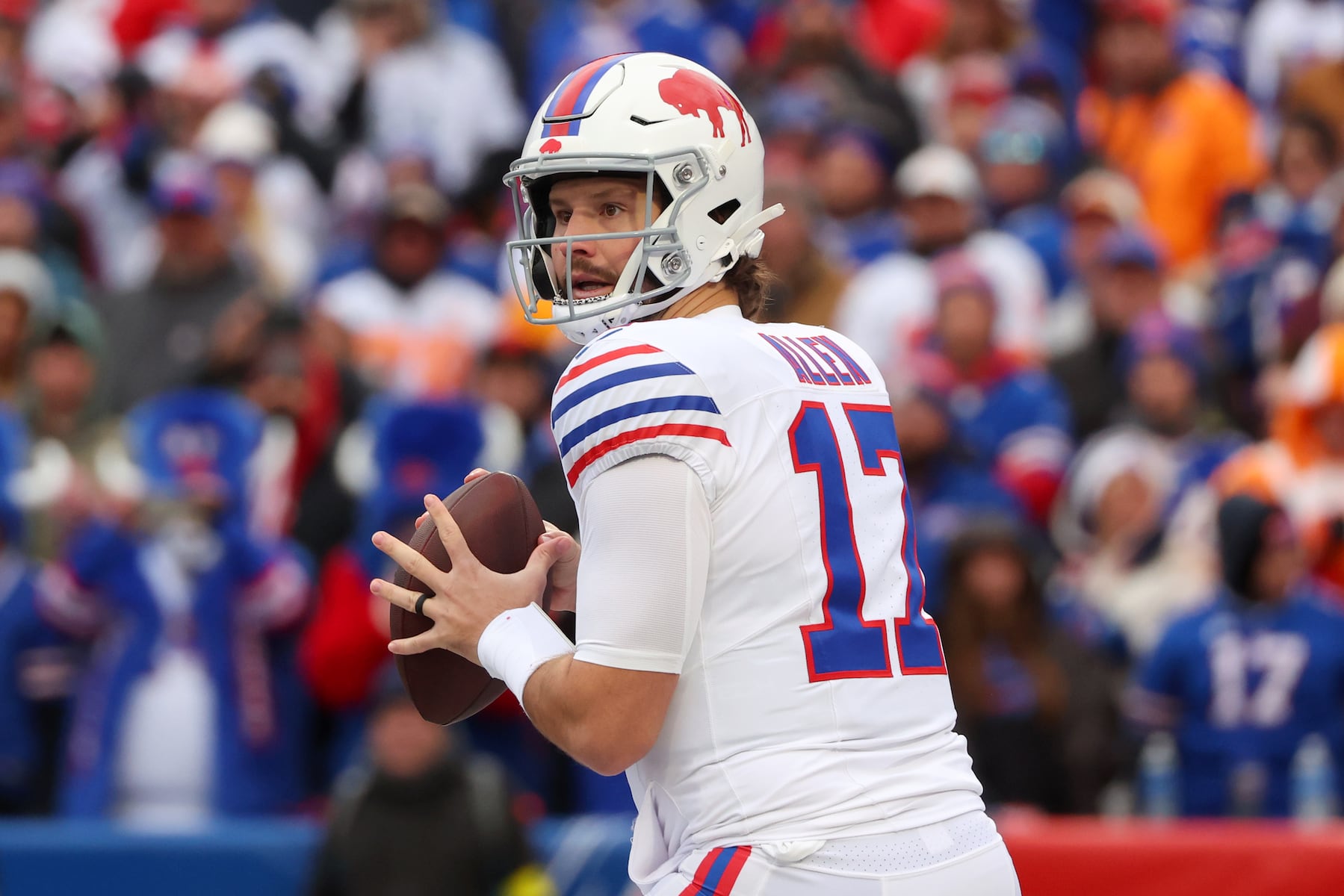 Buffalo Bills quarterback Josh Allen (17) looks to pass against the Tampa Bay Buccaneers during the first half of an NFL football game, Sunday, Nov. 16, 2025, in Orchard Park, N.Y. (AP Photo/Jeffrey T. Barnes)