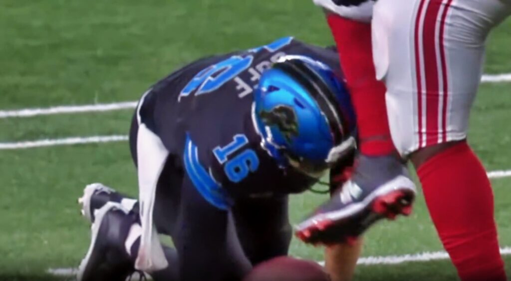 Jared Goff being kicked in the head