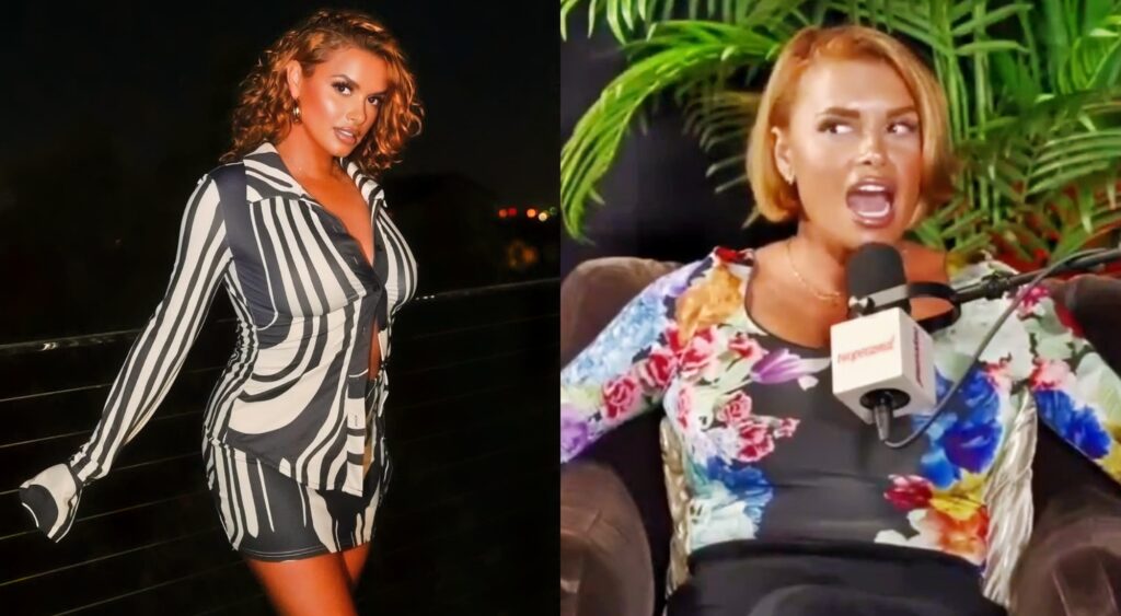 Joy Taylor posing in shirt and doing interview on couch