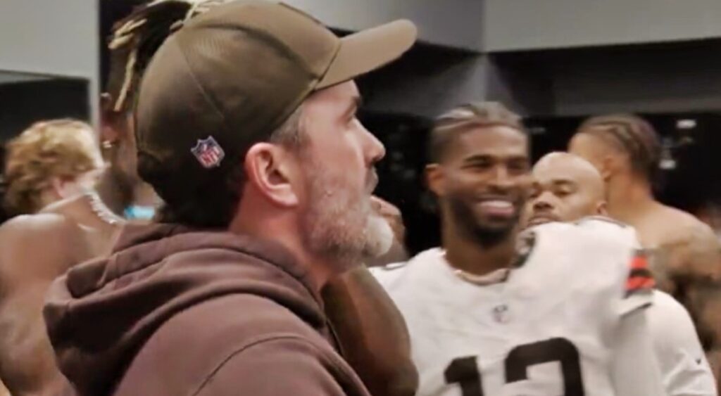 Kevin Stefanski and Shedeur Sanders in Browns locker room