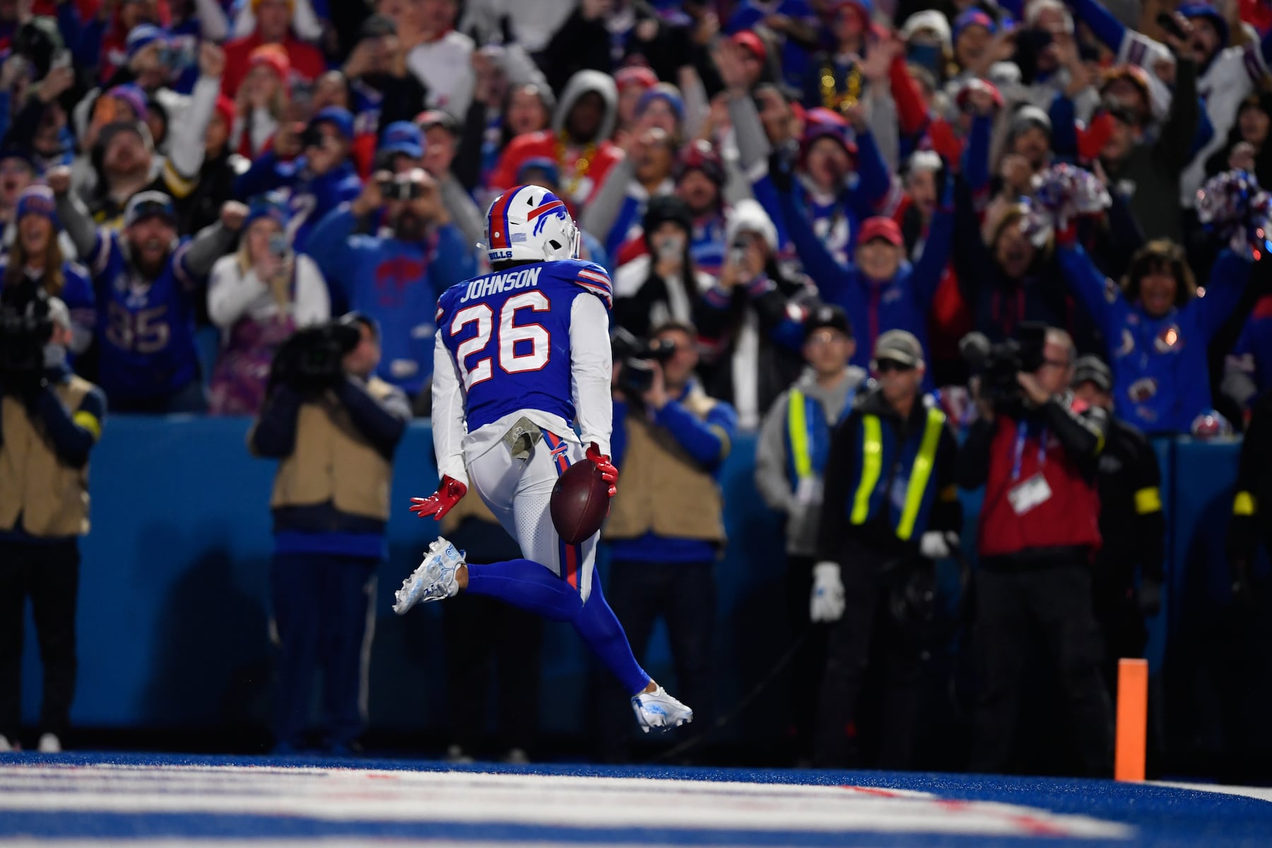 Buffalo Bills running back Ty Johnson celebrates after scoring during the first half of an NFL football game against the Kansas City Chiefs Sunday, Nov. 2, 2025, in Orchard Park. N.Y. (AP Photo/Adrian Kraus)