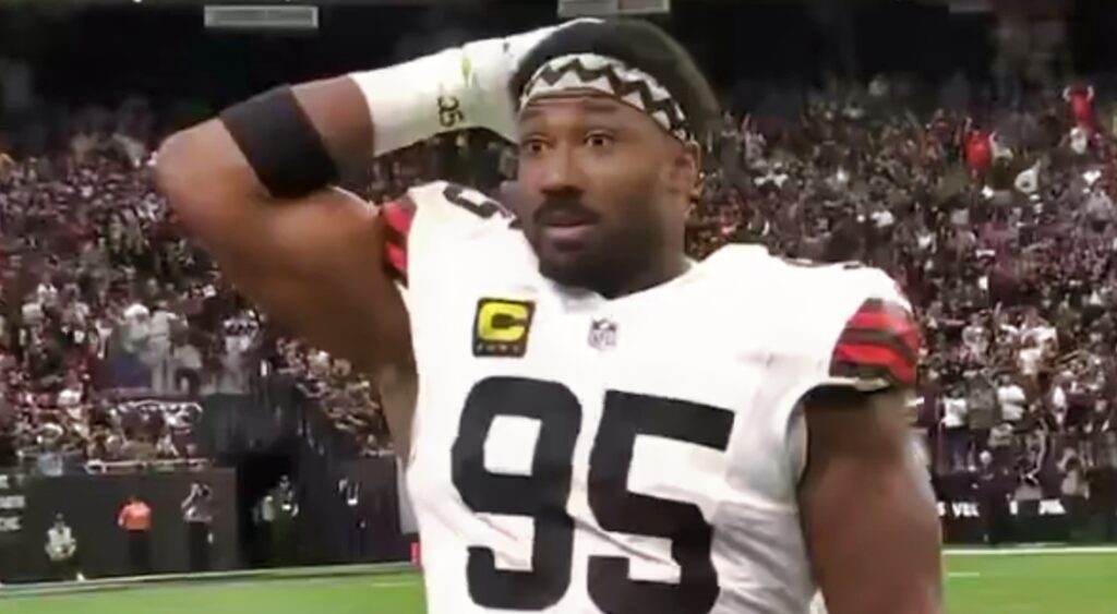 Myles Garrett in shock watching Shedeur Sanders