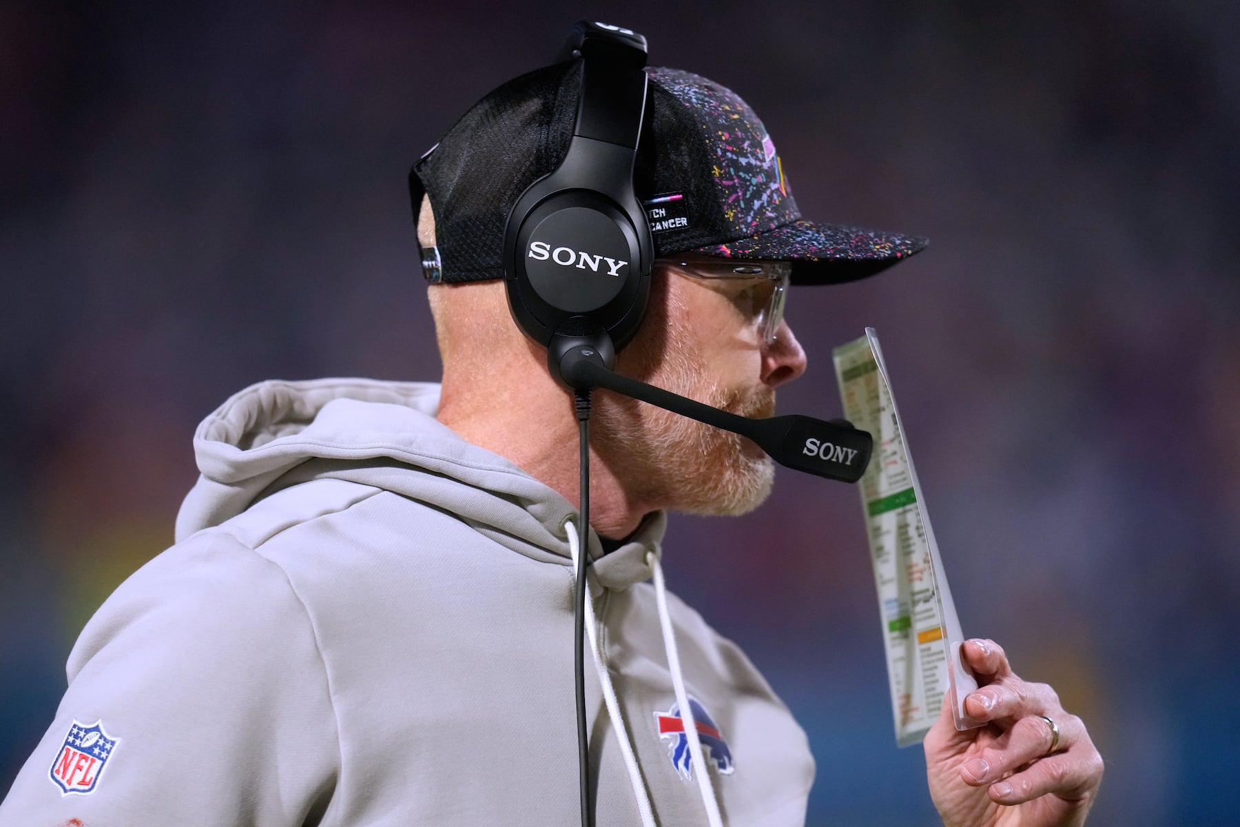 Buffalo Bills head coach Sean McDermott watches from the sidelines during the first half of an NFL football game against the Kansas City Chiefs Sunday, Nov. 2, 2025, in Orchard Park. N.Y. (AP Photo/Sue Ogrocki)