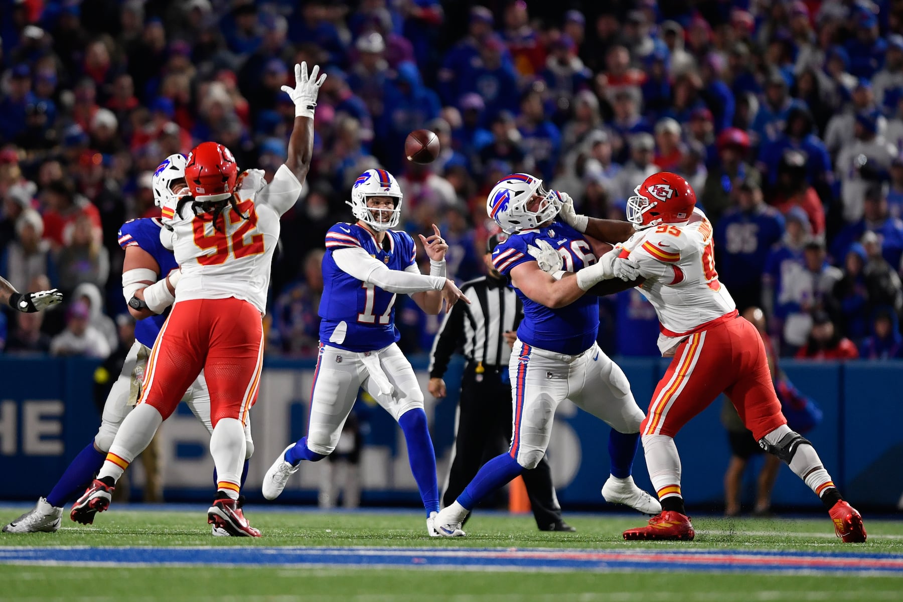 Buffalo Bills quarterback Josh Allen throws during the second half of an NFL football game against the Kansas City Chiefs Sunday, Nov. 2, 2025, in Orchard Park. N.Y. (AP Photo/Adrian Kraus)