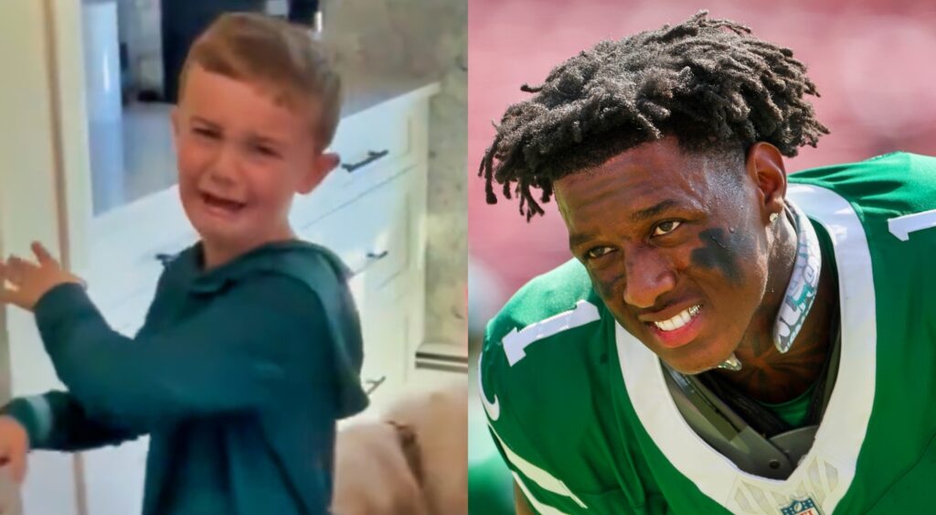 Sauce Gardner in uniform and a kid crying