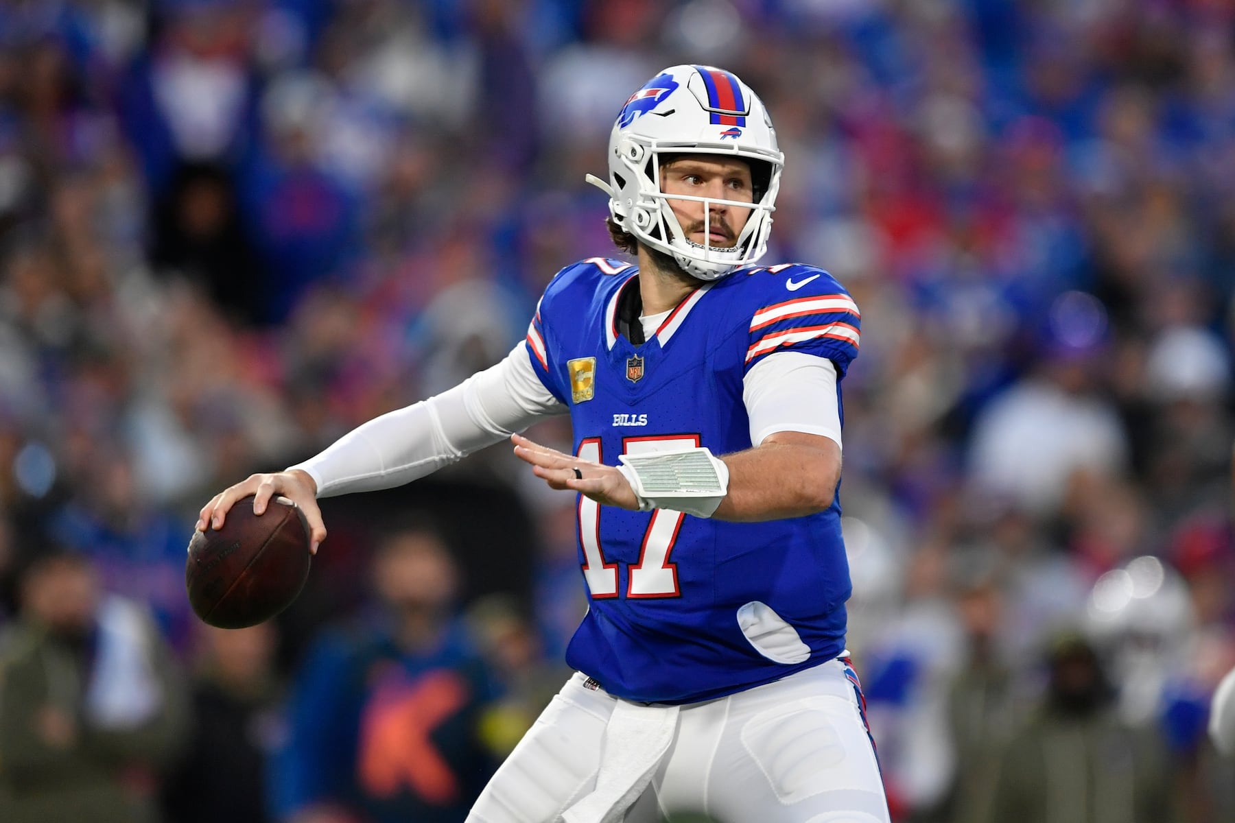 Buffalo Bills quarterback Josh Allen throws during the first half of an NFL football game against the Kansas City Chiefs Sunday, Nov. 2, 2025, in Orchard Park. N.Y. (AP Photo/Adrian Kraus)