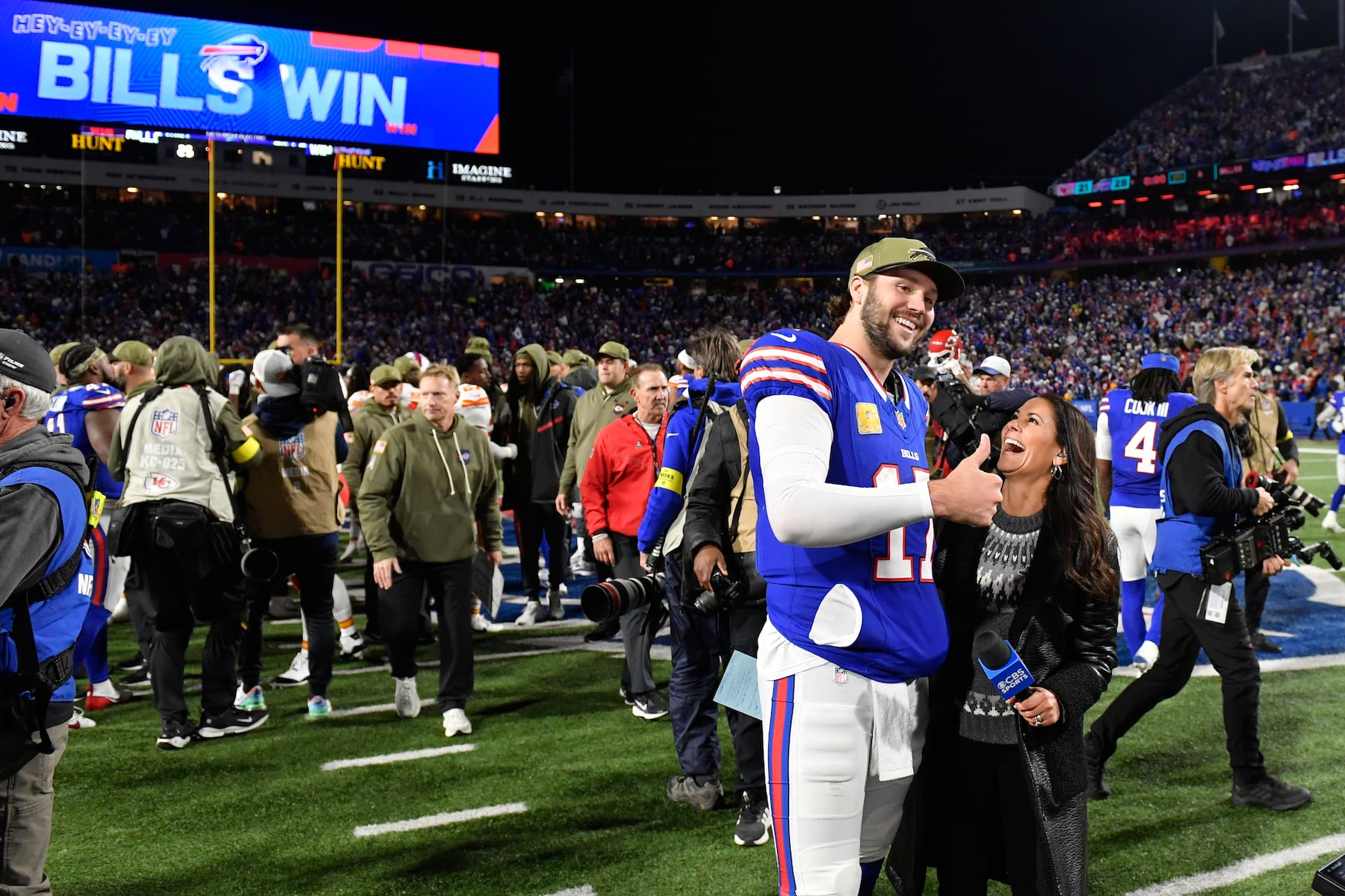 Buffalo Bills quarterback Josh Allen celebrates while being interviewed following an NFL football game against the Kansas City Chiefs Sunday, Nov. 2, 2025, in Orchard Park. N.Y. (AP Photo/Adrian Kraus)