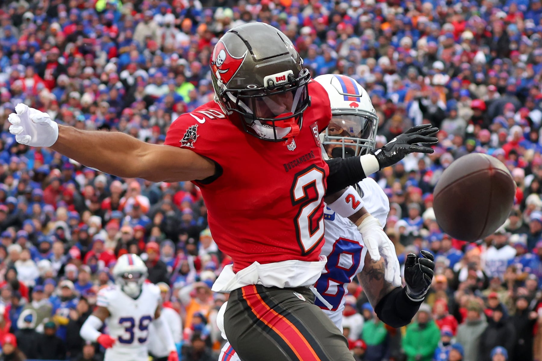 Tampa Bay Buccaneers wide receiver Emeka Egbuka (2) cannot make a catch against Buffalo Bills linebacker Terrel Bernard (8) during the first half of an NFL football game, Sunday, Nov. 16, 2025, in Orchard Park, N.Y. (AP Photo/Jeffrey T. Barnes)