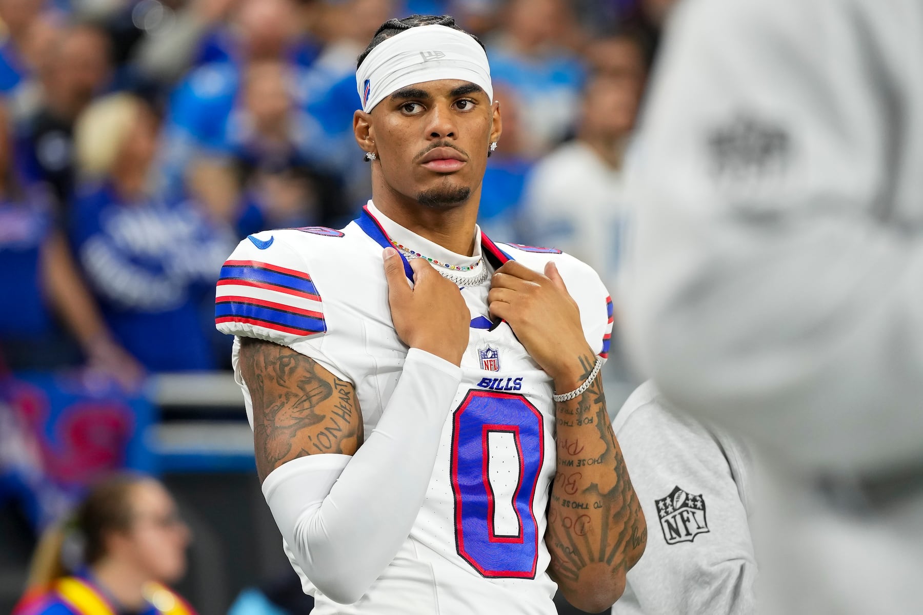 DETROIT, MICHIGAN - DECEMBER 15: Wide receiver Keon Coleman #0 of the Buffalo Bills stands on the sidelines during the national anthem prior to an NFL football game against the Detroit Lions, at Ford Field on December 15, 2024 in Detroit, Michigan. (Photo by Todd Rosenberg/Getty Images)