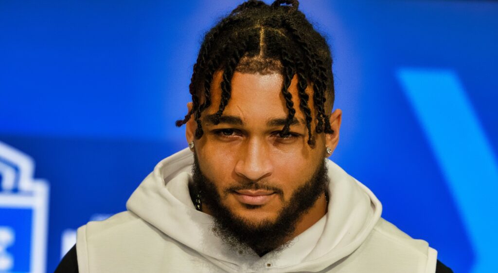 Western Michigan defensive lineman Marshawn Kneeland taking to reporters