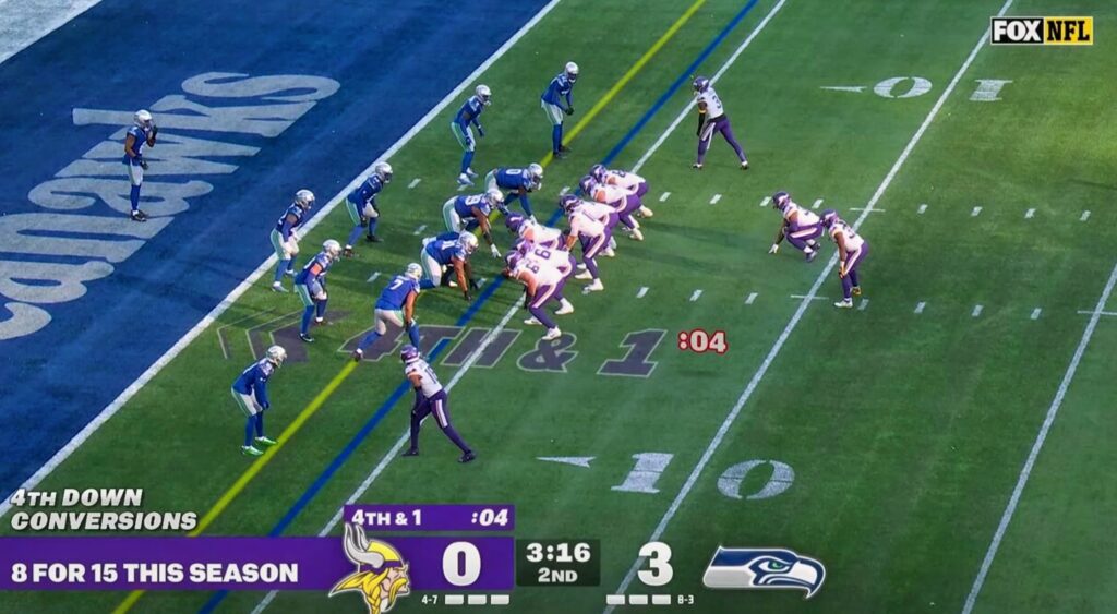 Vikings and Seahawks players on the field