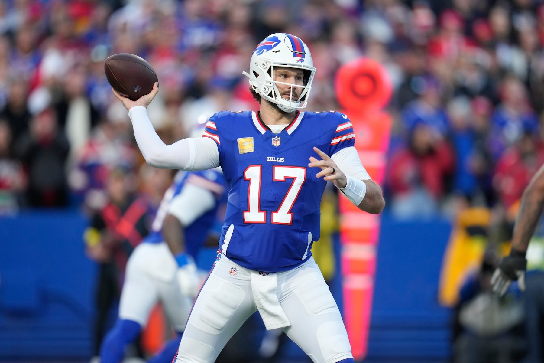 Buffalo Bills quarterback Josh Allen throws during the first half of an NFL football game against the Kansas City Chiefs Sunday, Nov. 2, 2025, in Orchard Park. N.Y. (AP Photo/Sue Ogrocki)