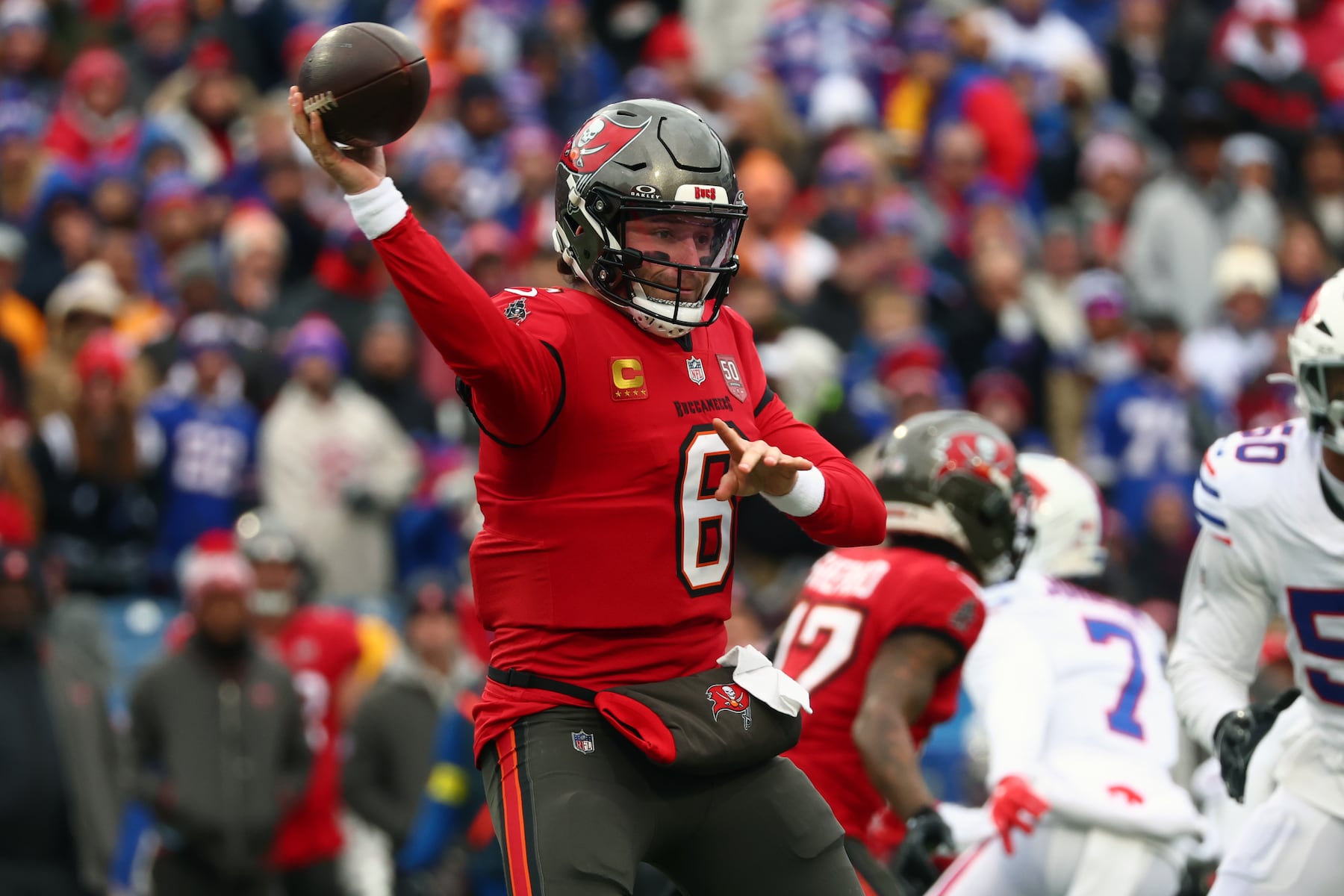 Tampa Bay Buccaneers quarterback Baker Mayfield (6) throws a pass against the Buffalo Bills during the first half of an NFL football game, Sunday, Nov. 16, 2025, in Orchard Park, N.Y. (AP Photo/Jeffrey T. Barnes)