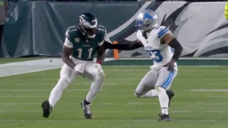 Lions cornerback Rock Ya-Sin commits a pass interference penalty while defending Eagles wide receiver AJ Brown