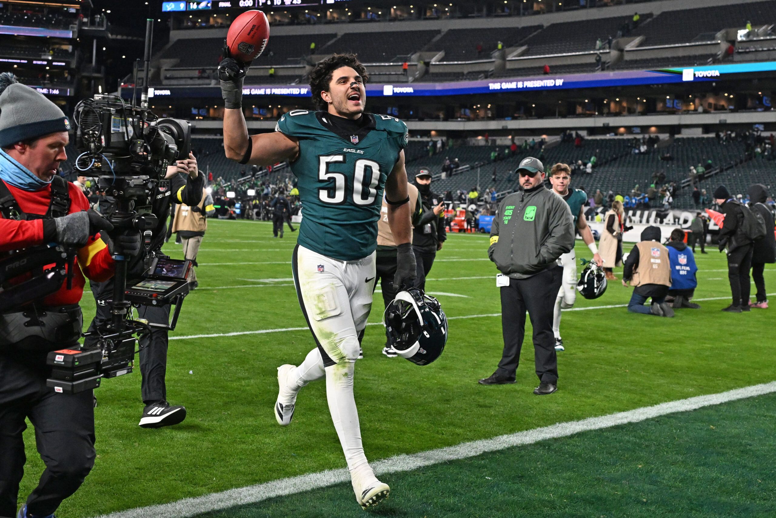 Philadelphia Eagles linebacker Jaelan Phillips (50) runs off the field after win against the Detroit Lions at Lincoln Financial Field.
