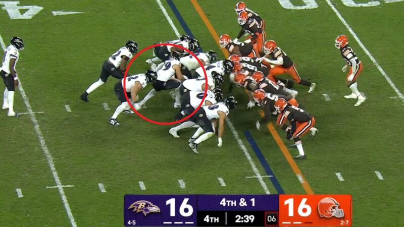 The Baltimore Ravens running a fake tush push