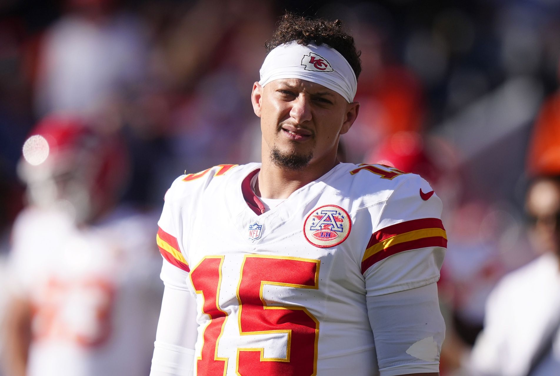 Kansas City Chiefs quarterback Patrick Mahomes (15) before the game against the Denver Broncos at Empower Field at Mile High.