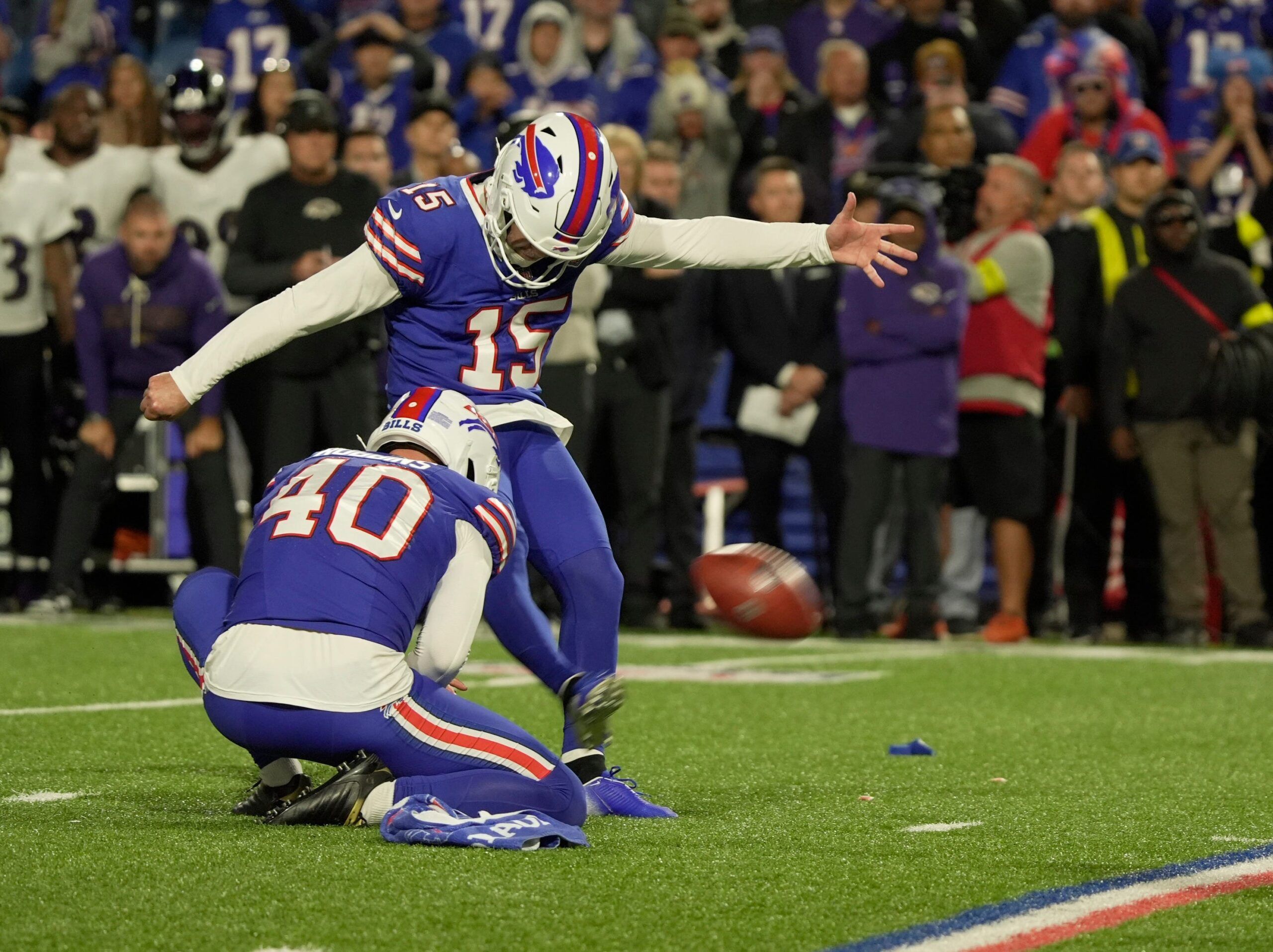 Bills Matt Prater kicks the ball for the field goal winning the Bills game over the Baltimore Ravens at Highmark Stadium in Orchard Park on Sept. 7, 2025.