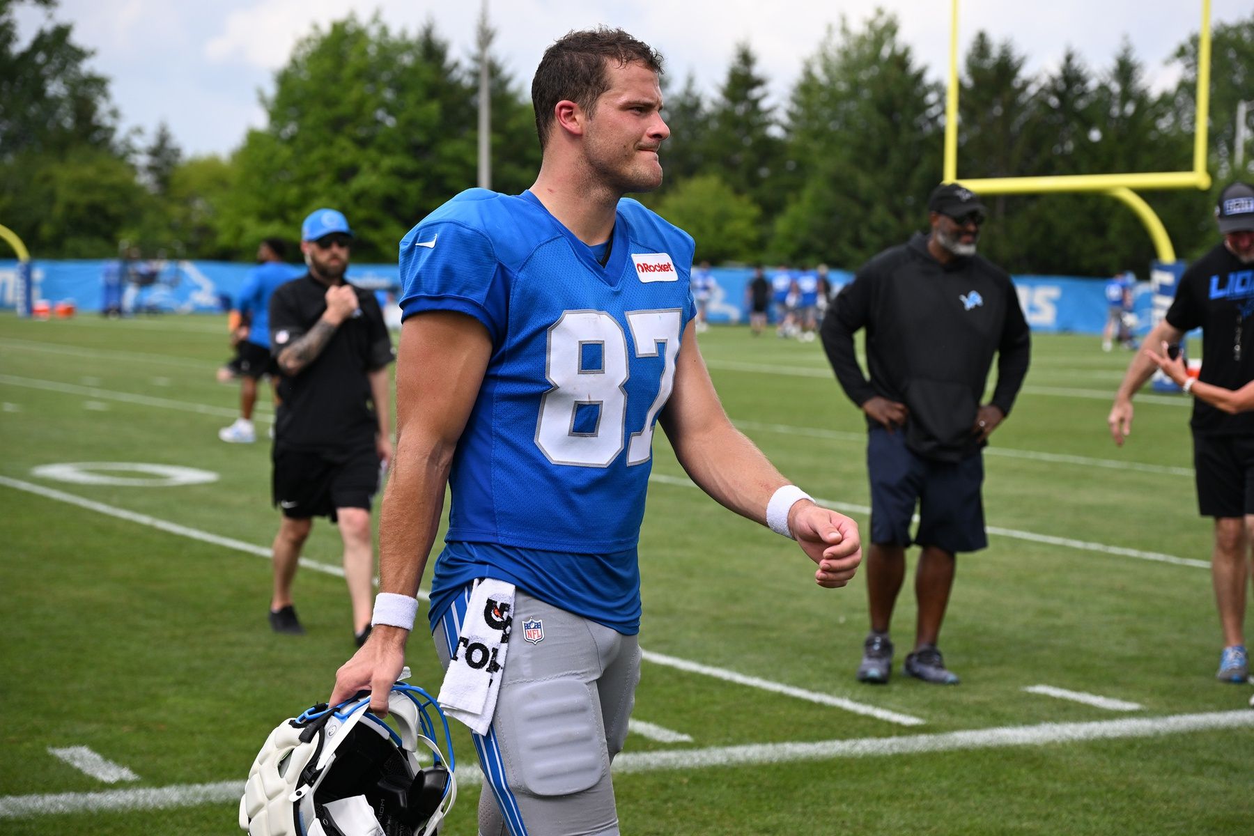 Detroit Lions tight end Sam LaPorta (87) walks off the field  after training camp at Meijer Performance Center.