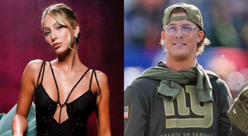 Alix Earle posing in dress and Jaxson Dart in Giants hoodie