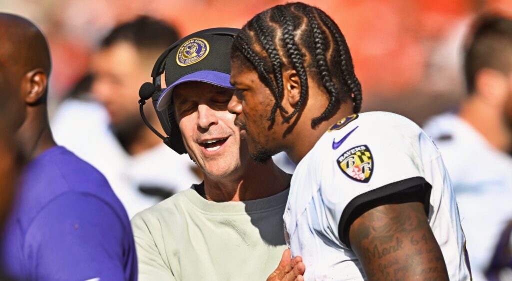 John Harbaugh speaking to Lamar Jackson