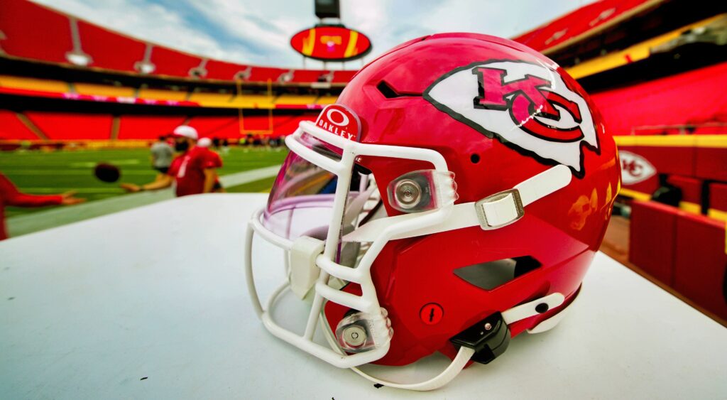 A detailed view of a Kansas City Chiefs helmet 