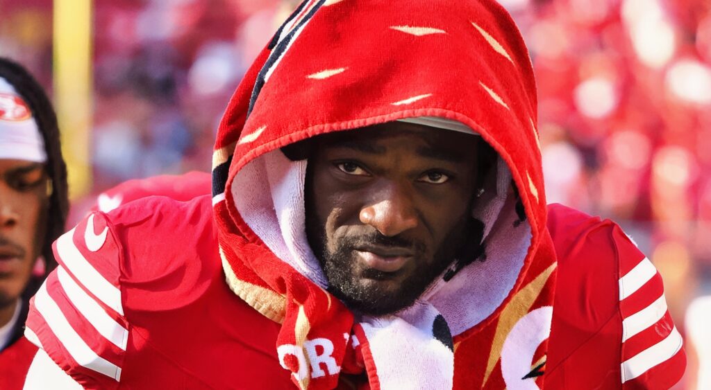 San Francisco 49ers wide receiver Brandon Aiyuk with a towel on his head