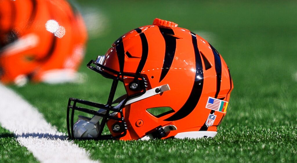Cincinnati Bengals helmet on the field. The team waived Jermaine Burton.