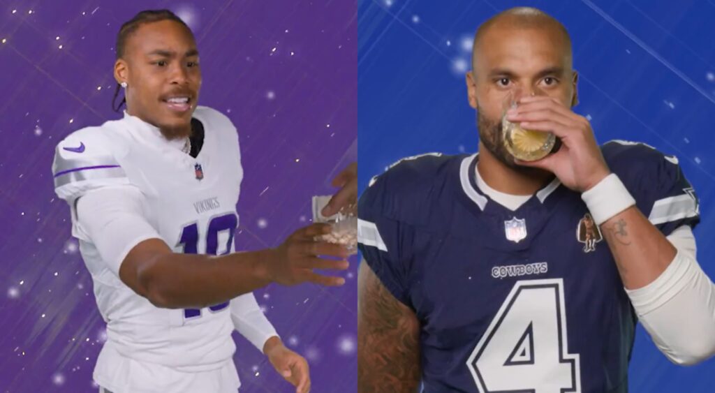 Justin Jefferson and Dak Prescott trying eggnog.
